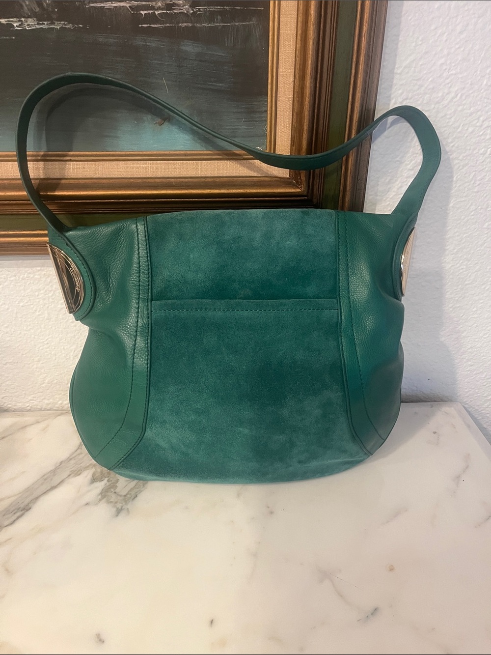 b. makowsky Emerald Green Suede & Leather Shoulder Bag